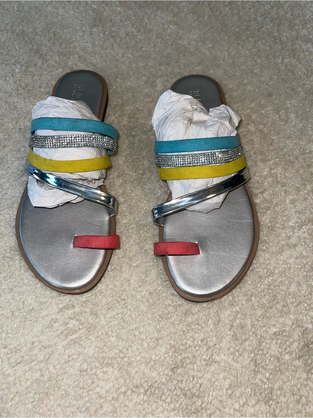 Women’s Pastel Multicolor Strappy Slide Sandals - Silver Footbed